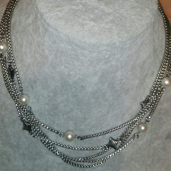 Silver, 5 Multi-Chain, Pearl & Textured Silver Squ - Picture 2 of 5
